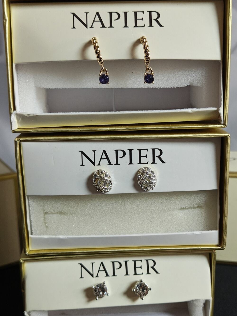 Napier $80 3x Sets Of Ear Rings Gold Tone Blue Open Hoops, Silver Tone Studs NWB